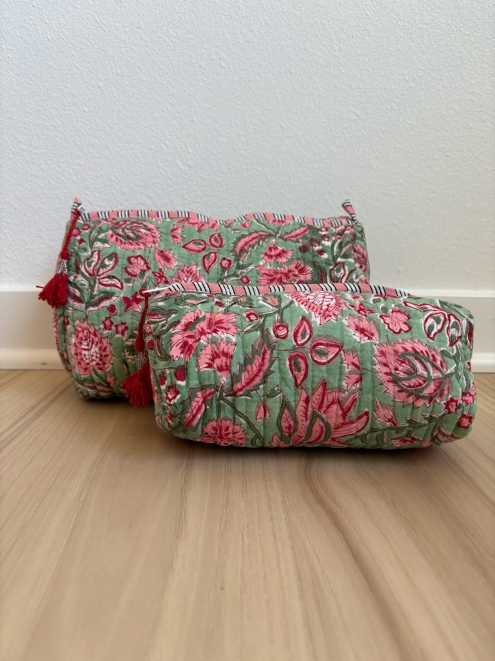Floral Quilted Cosmetic Pouches in Green & Pink